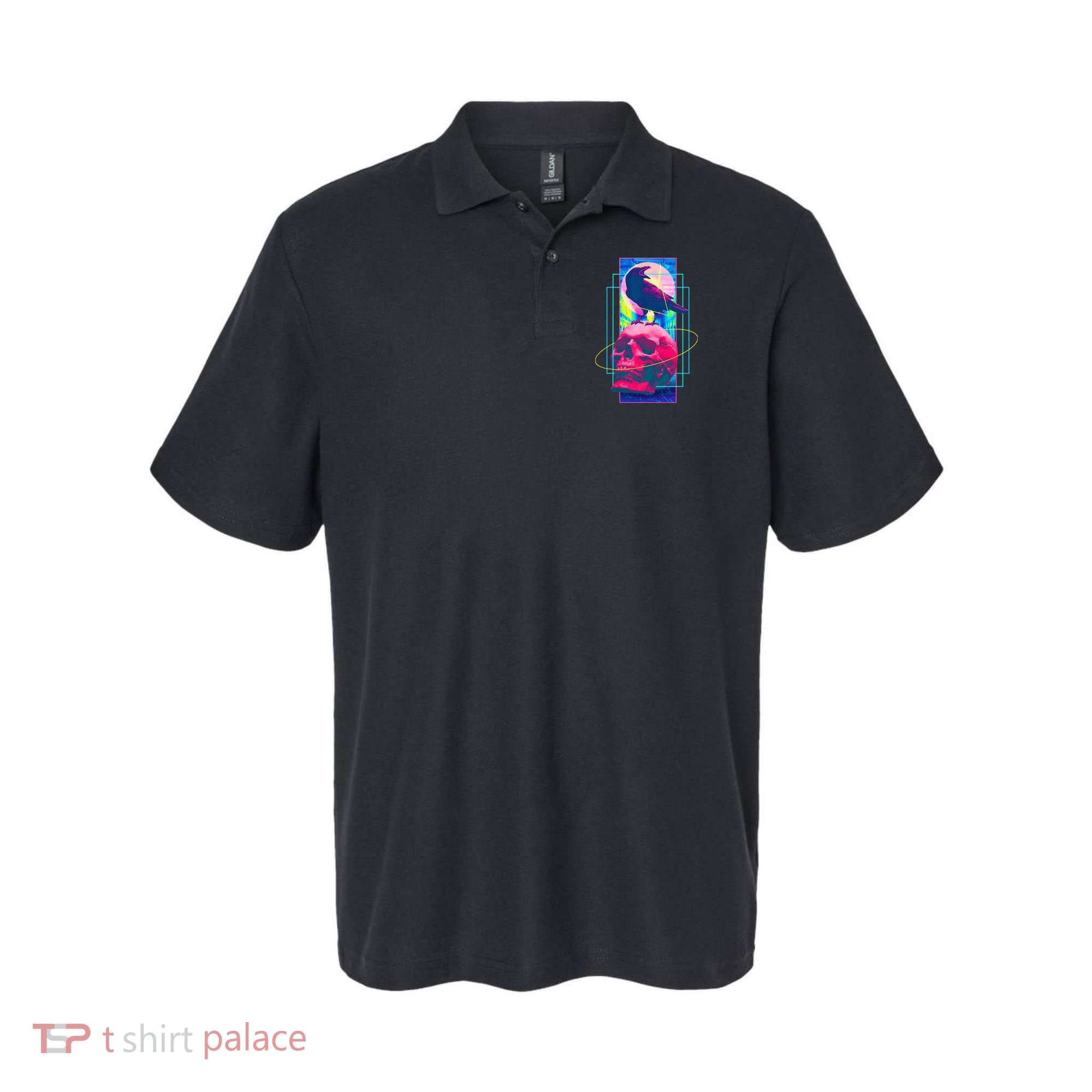 Vaporwave Skull & Crow Halloween Retro Aesthetic Art Polo