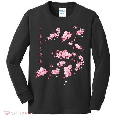 Vintage Sakura Cherry Blossom Japanese Graphical Art Kids Long Sleeve Shirt