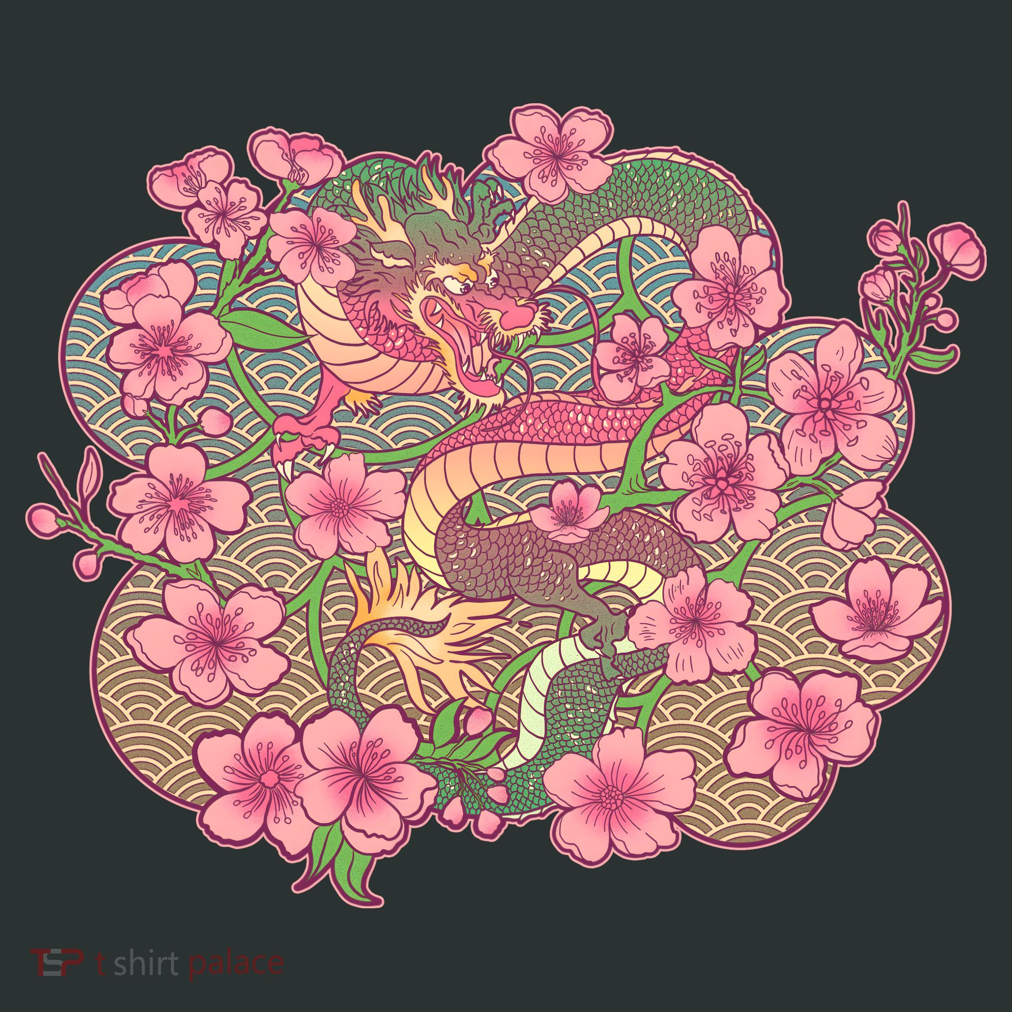 Vintage Springtime Cherry Blossom Sakura Flowers Dragon T-Shirt