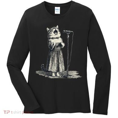 Vintage Singing Cat Microphone Retro Illustration Women's Long Sleeve Shirt