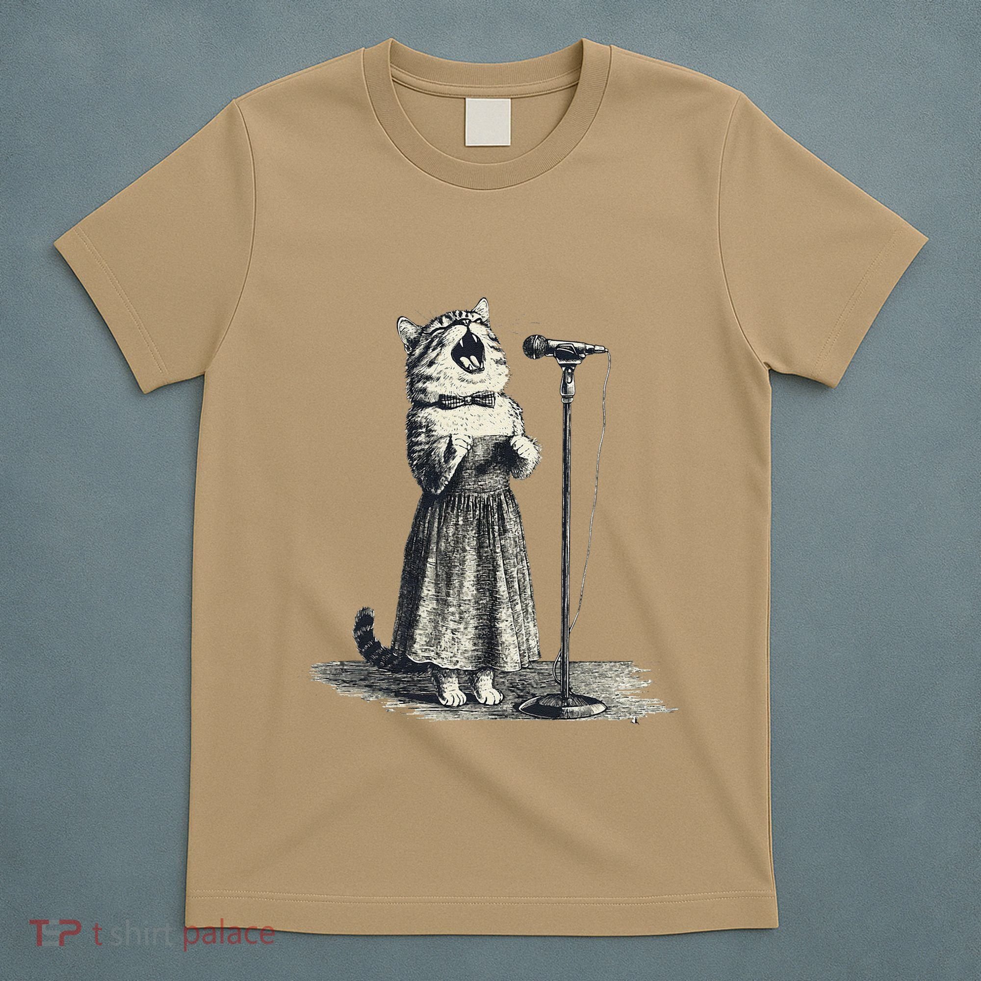 Vintage Singing Cat Microphone Retro Illustration T-Shirt