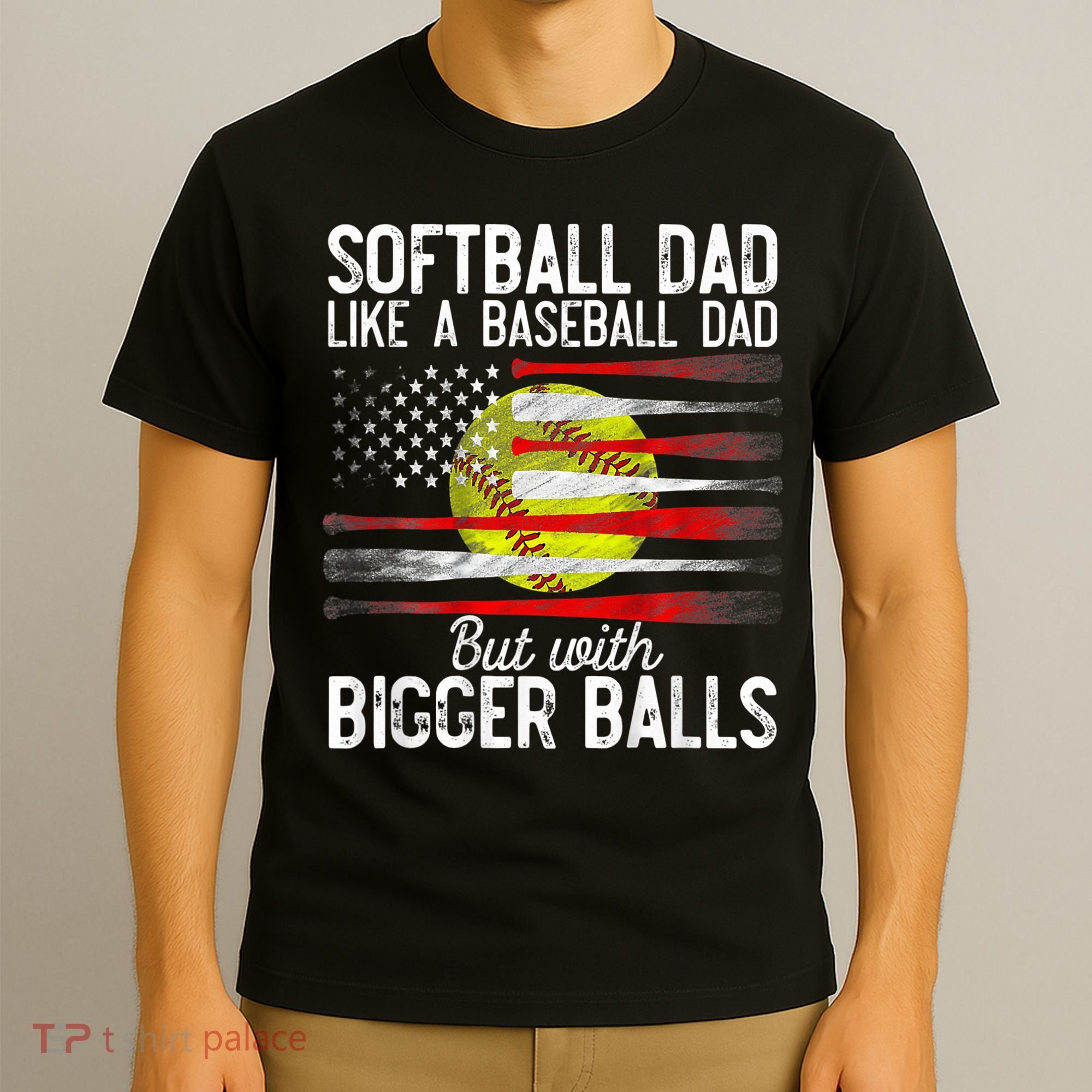 Vintage Softball Dad Like A Baseball Dad US Flag Fathers Day T-Shirt