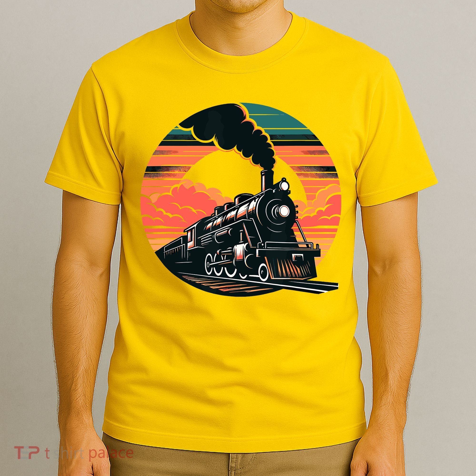 Vintage Steam Engine Train Locomotive Cool Sunset Railroad T-Shirt