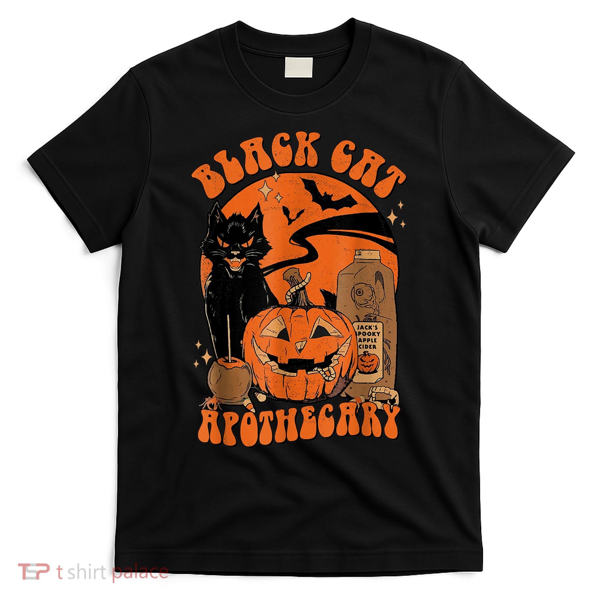 Vintage Scary Halloween Black Cat Costume Witch Hat & Moon T-Shirt