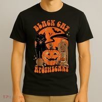Vintage Scary Halloween Black Cat Costume Witch Hat & Moon T-Shirt thumb 3