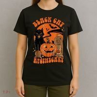Vintage Scary Halloween Black Cat Costume Witch Hat & Moon T-Shirt thumb 4