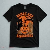 Vintage Scary Halloween Black Cat Costume Witch Hat & Moon T-Shirt thumb 5