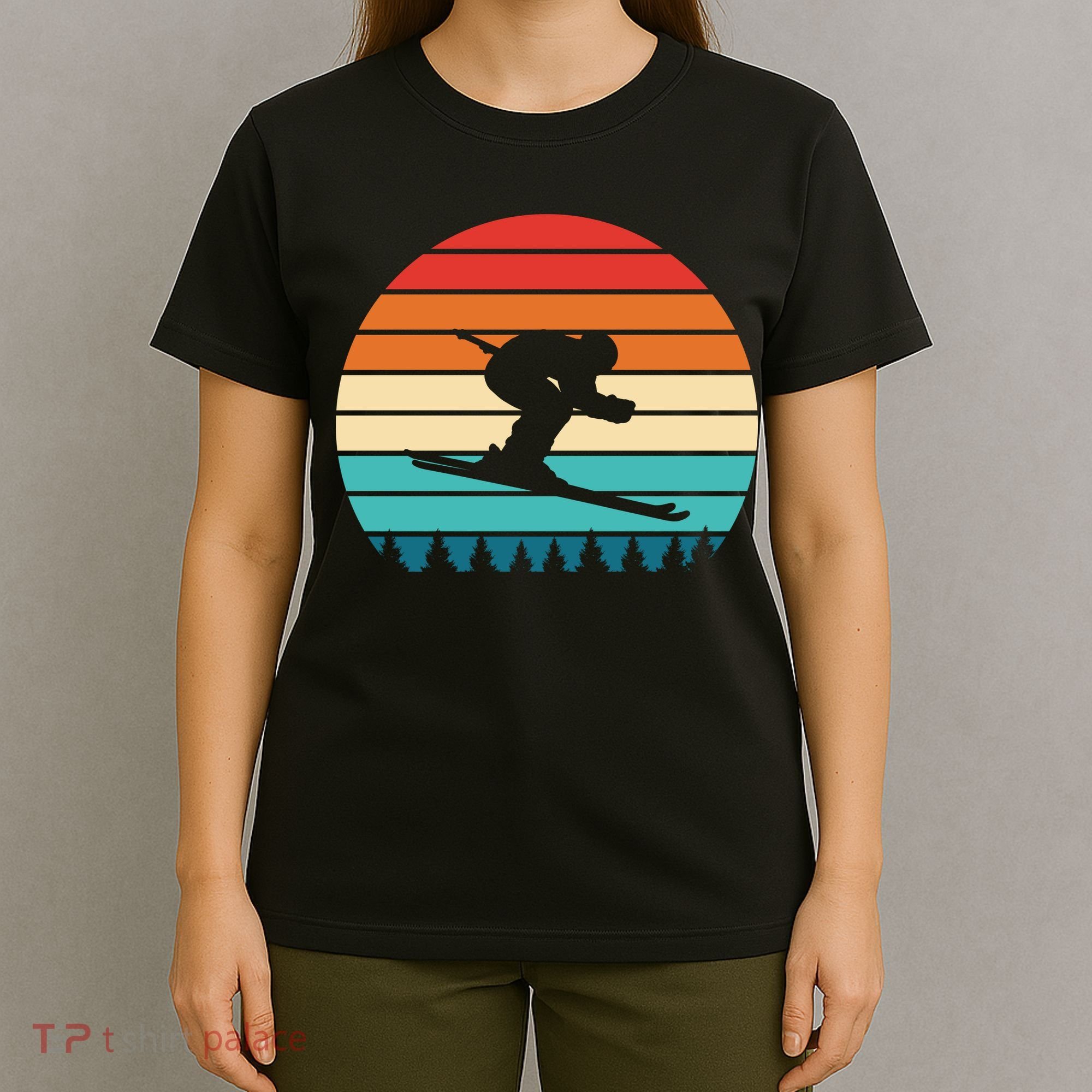 Vintage Sunset Skiing Gift For Skiers T-Shirt