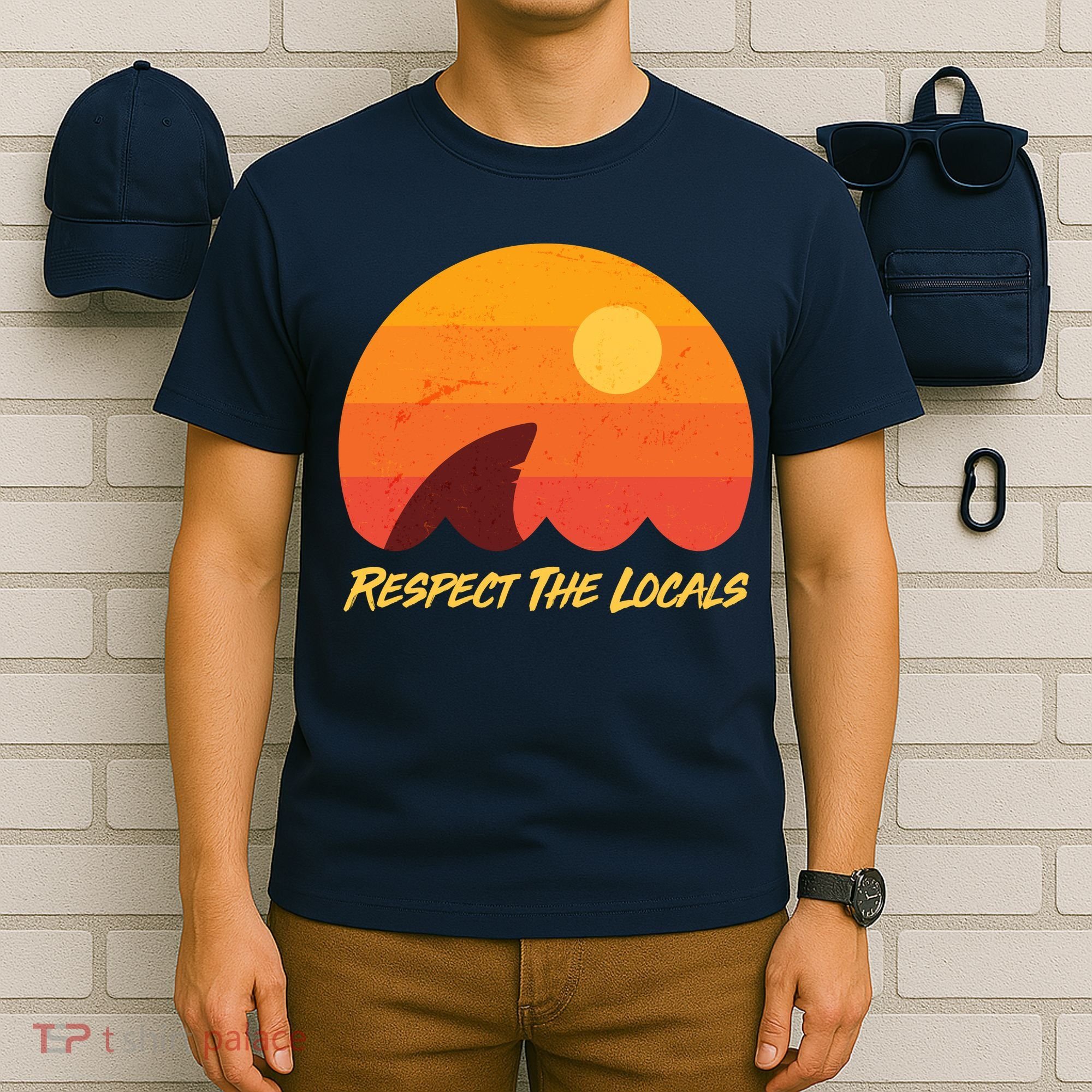 Vintage Sunset Shark Respect The Locals T-Shirt