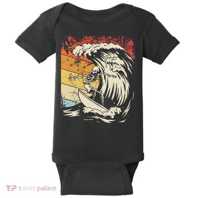 Vintage Surfing Skeleton Halloween Surfboard Baby Bodysuit