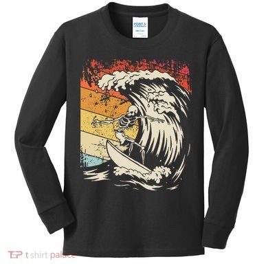 Vintage Surfing Skeleton Halloween Surfboard Kids Long Sleeve Shirt