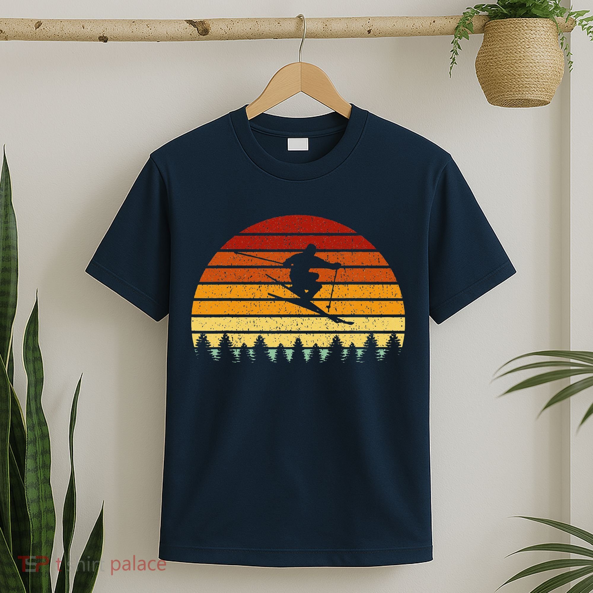 Vintage Sunset Skiing Gift For Skiers T-Shirt