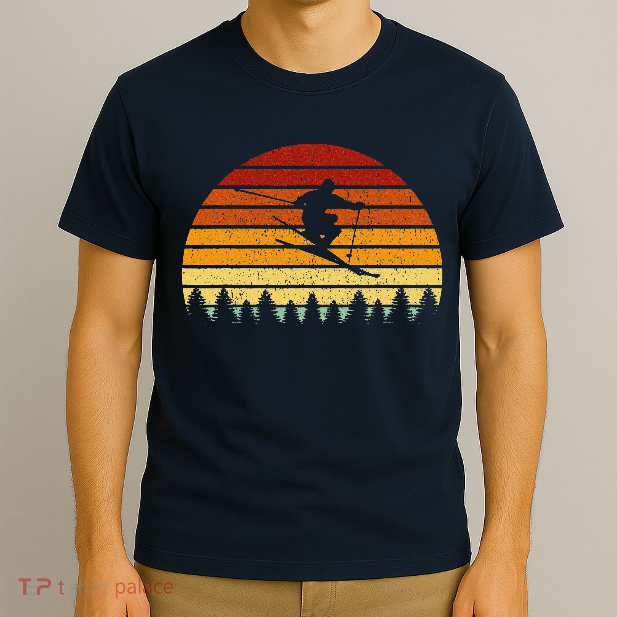 Vintage Sunset Skiing Gift For Skiers T-Shirt