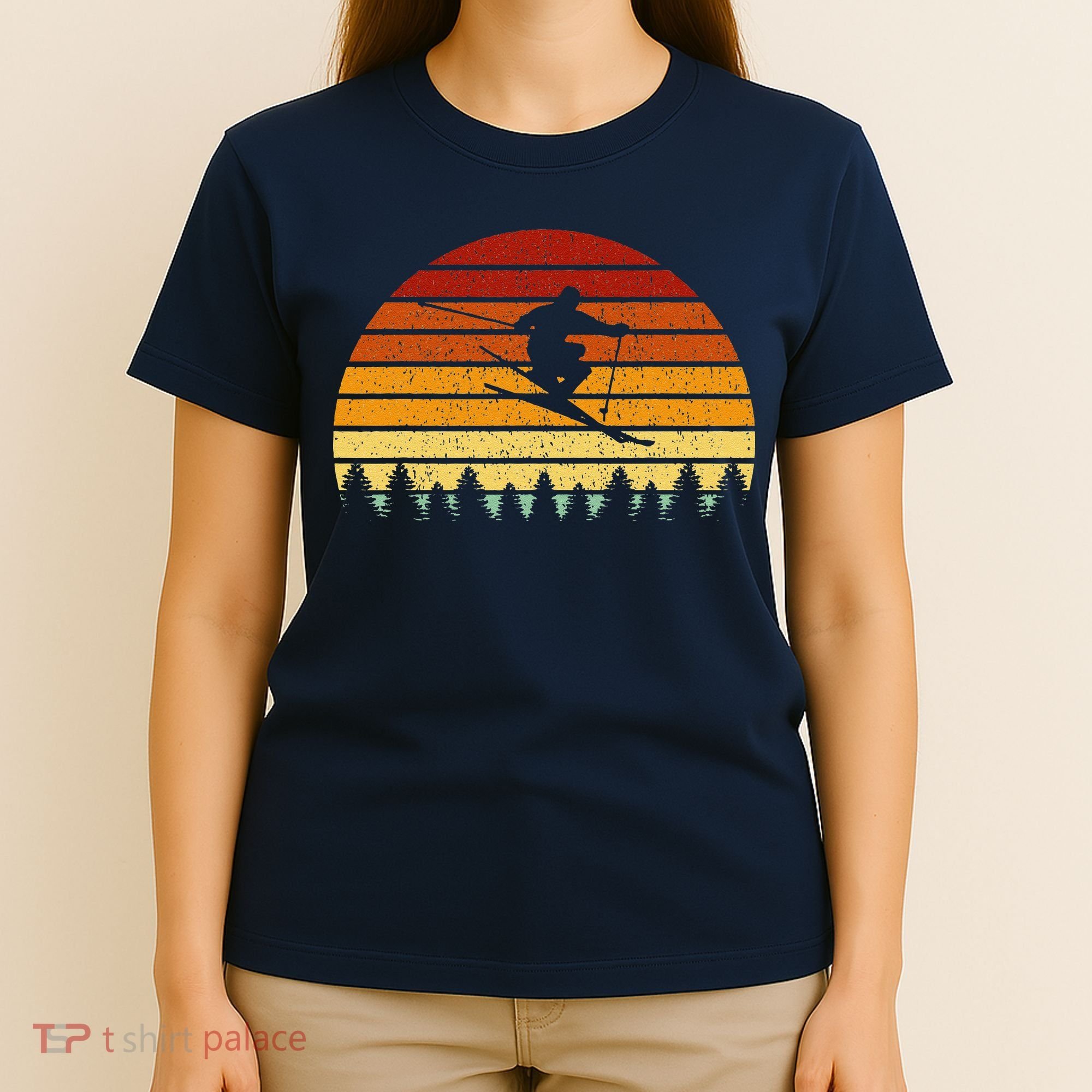 Vintage Sunset Skiing Gift For Skiers T-Shirt