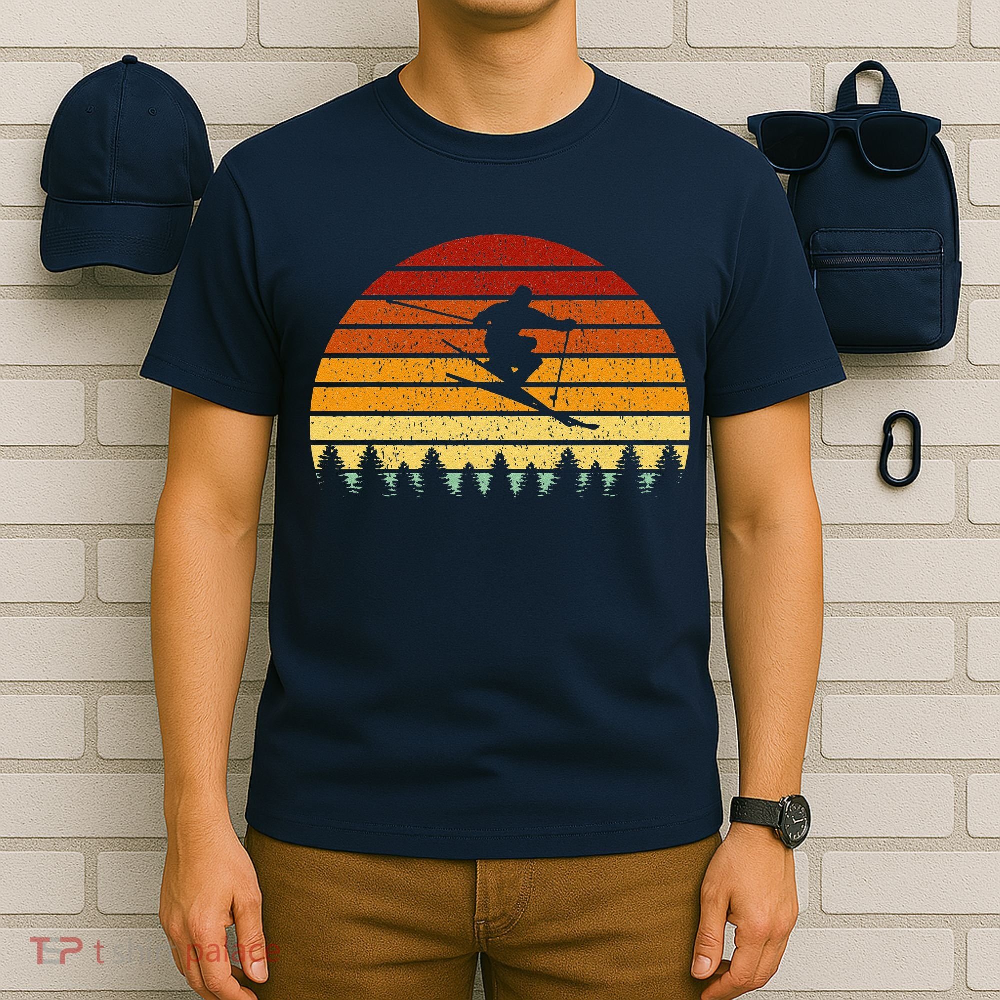Vintage Sunset Skiing Gift For Skiers T-Shirt