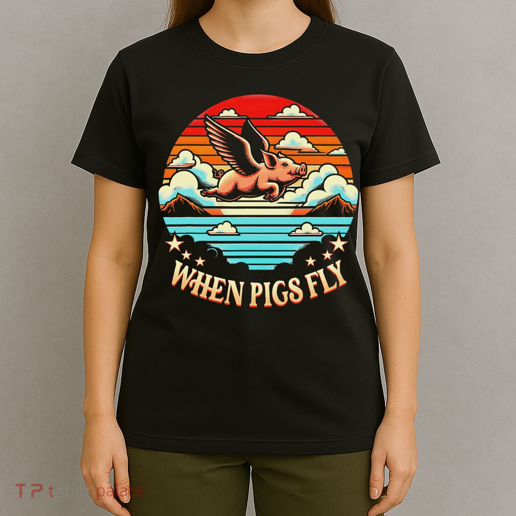 Vintage Sunset When Pig Fly 1600s Funny Saying Humorous T-Shirt