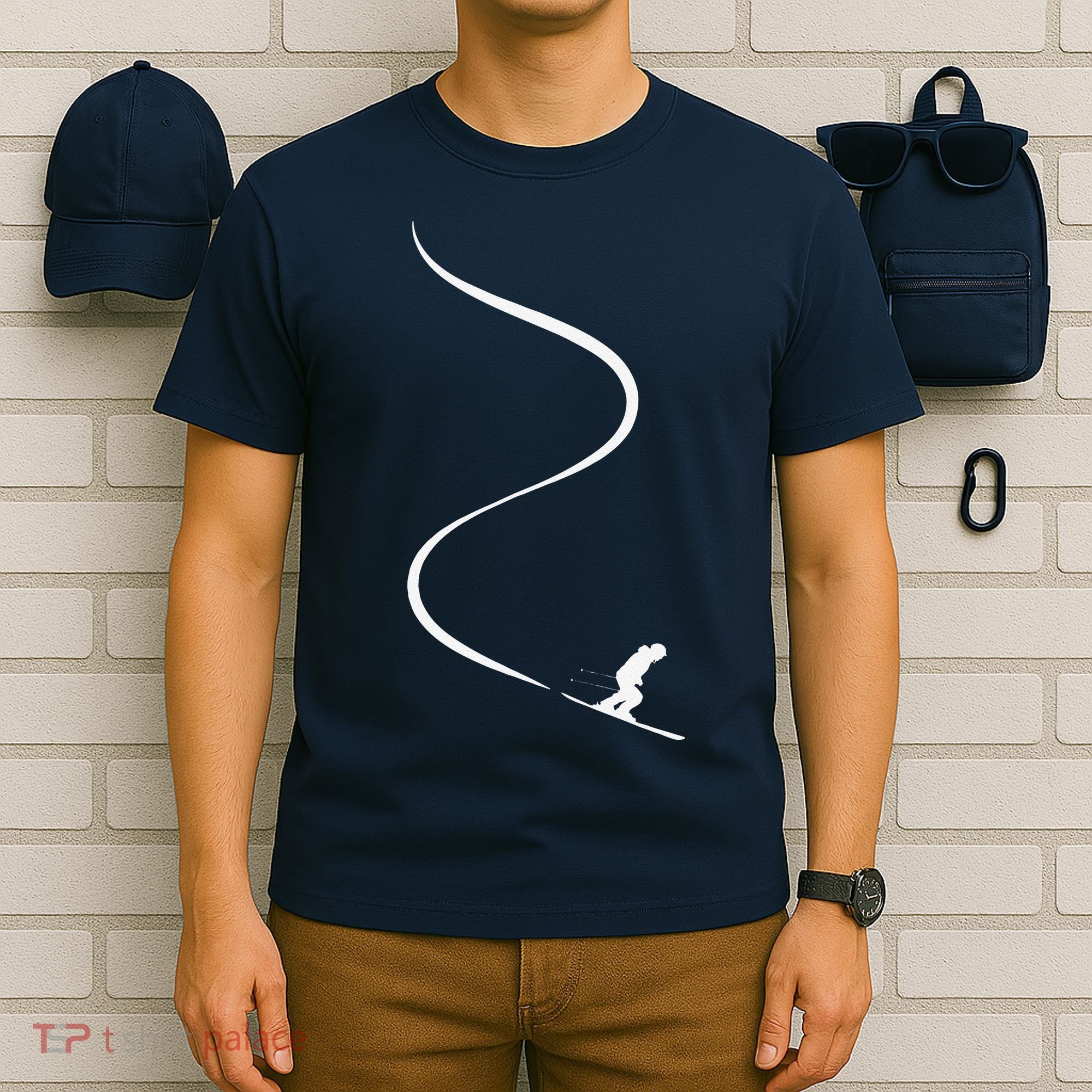 vintage Skier with tracks in deep powder snow freeride T-Shirt