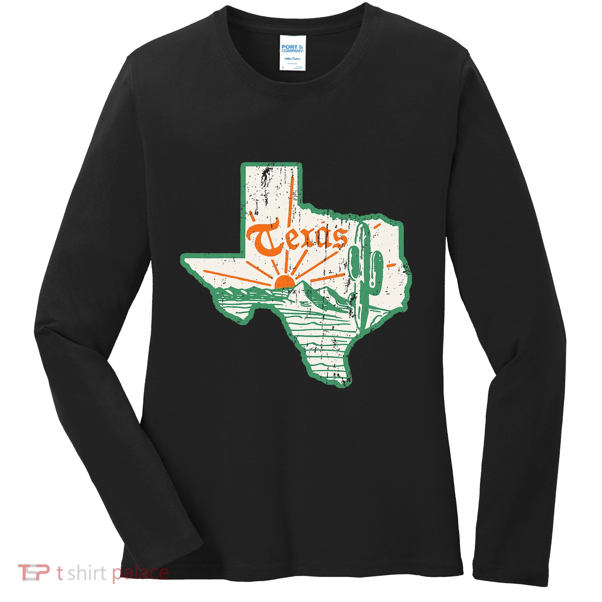 Vintage Texas Home State Map Pride Cactus Texan Retro Rodeo Women's Long Sleeve Shirt