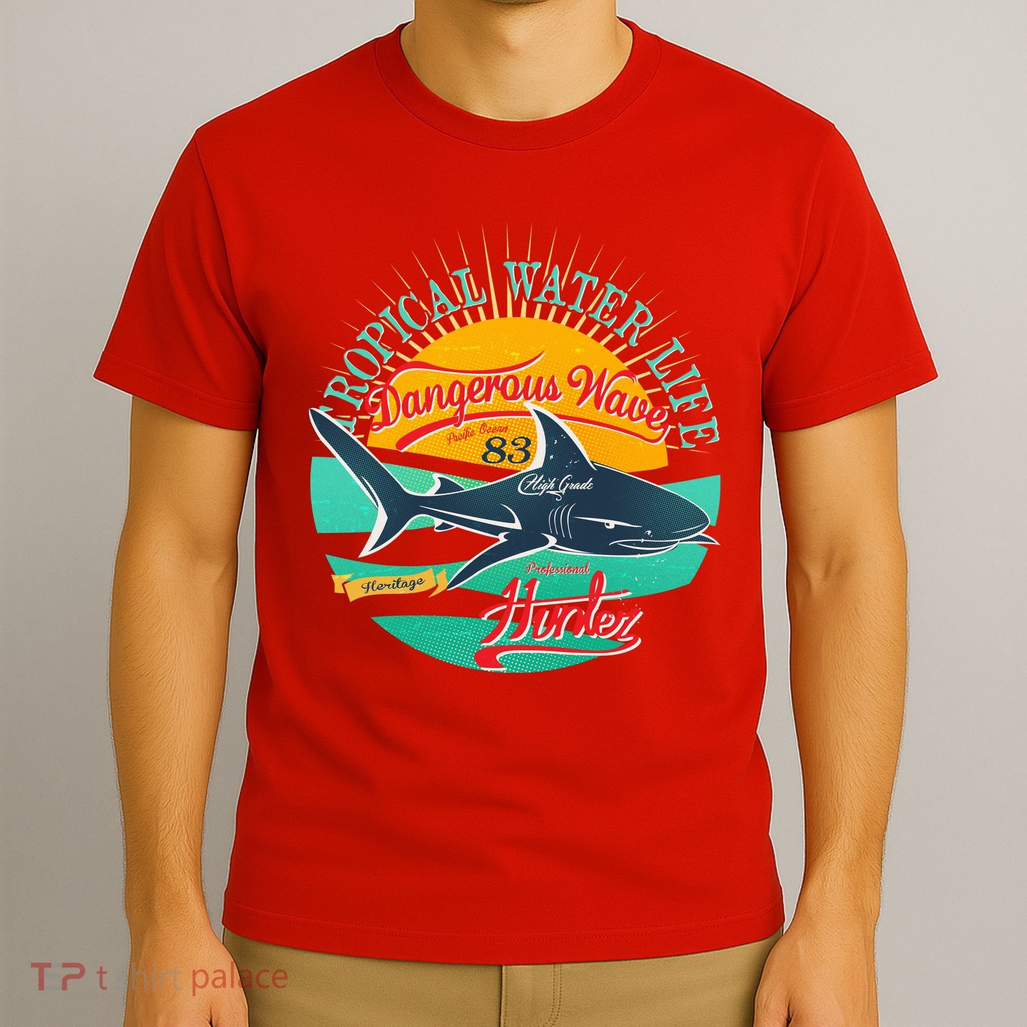 Vintage Tropical Water Life Dangerous Wave Hunter Shark T-Shirt