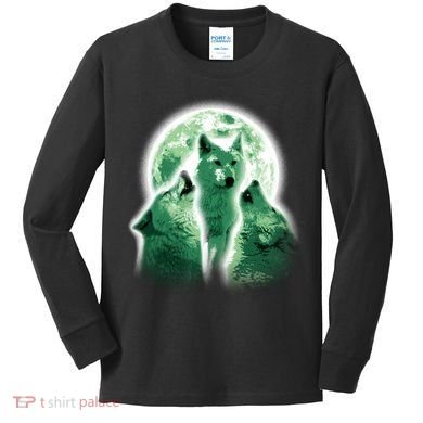 Vintage Three Wolves Moon Design Kids Long Sleeve Shirt