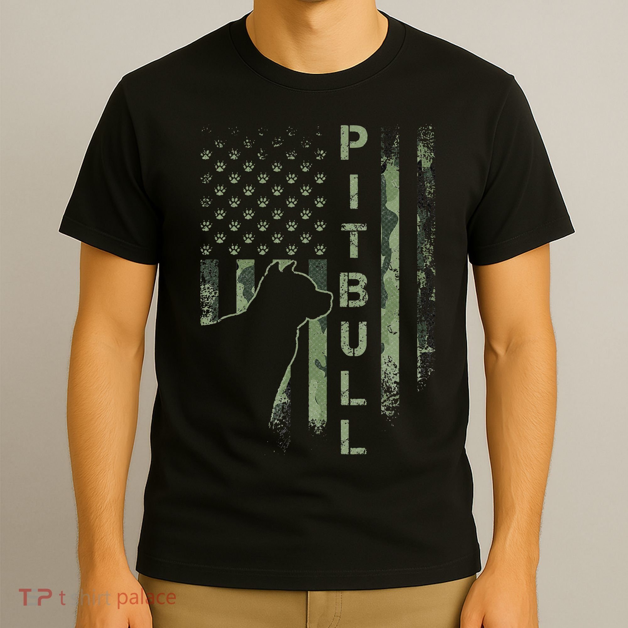 Vintage USA American Camo Flag Pitbull Dog Silhouette Pittie T-Shirt
