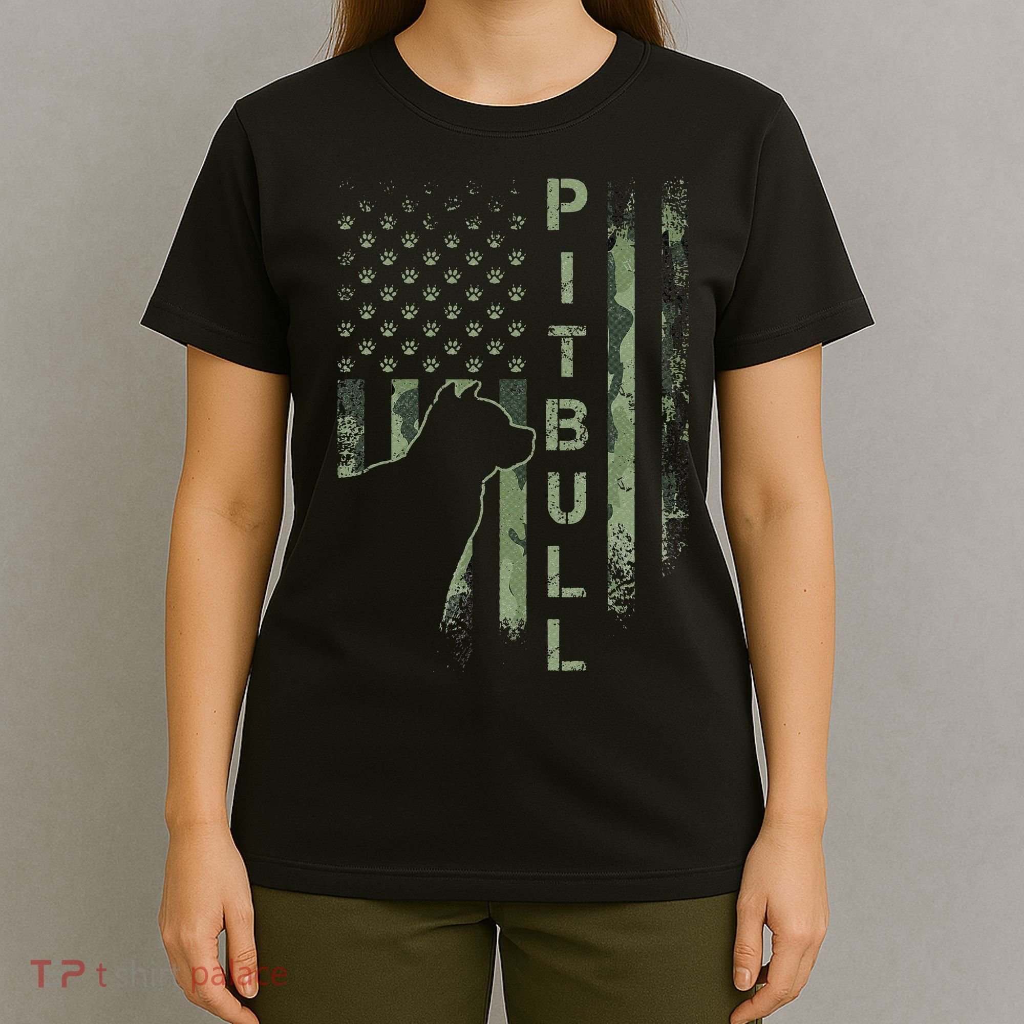 Vintage USA American Camo Flag Pitbull Dog Silhouette Pittie T-Shirt