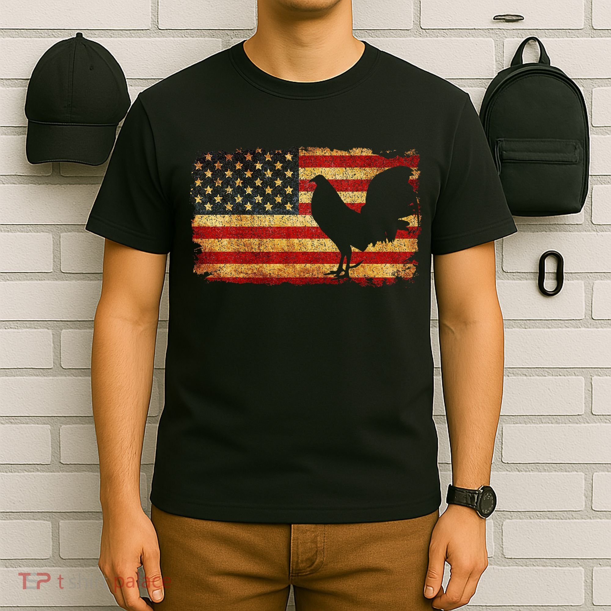 Vintage Us Flag Cock Fight T-Shirt