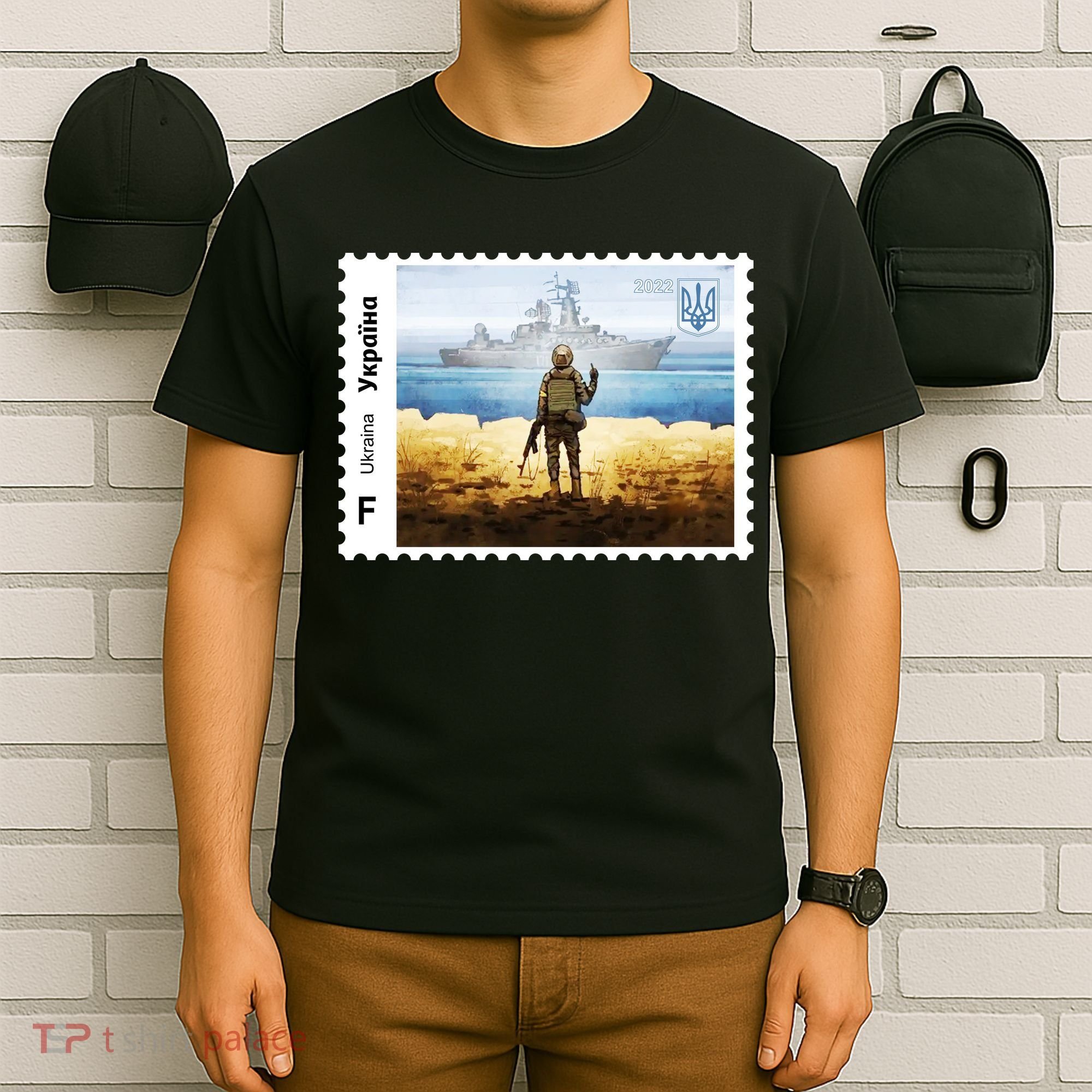 Vintage Ukraine Stamp Russian Warship Go F Yourself Ukrainian Flag Pride T-Shirt