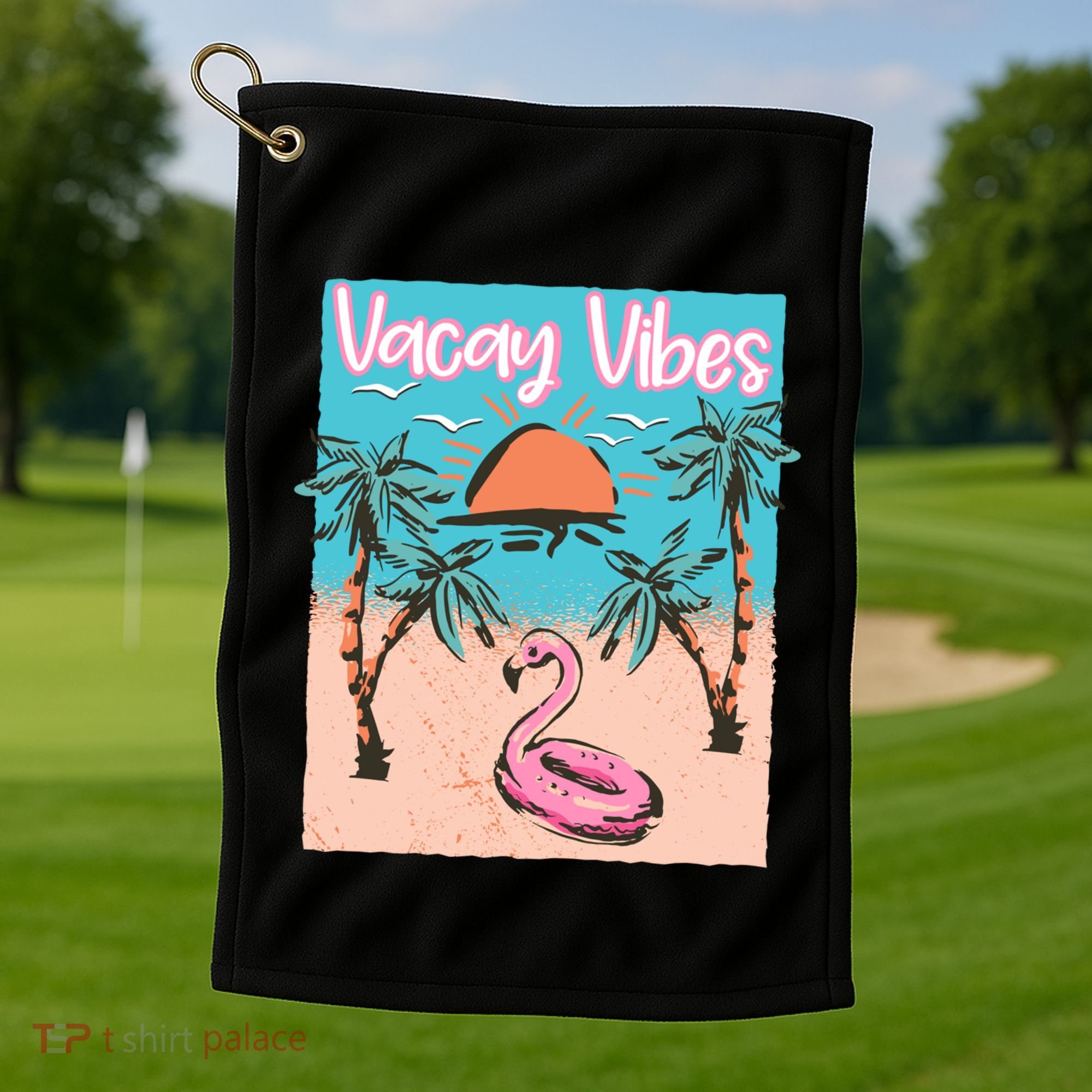 Vacay Vibes Beach Flamingo Summer Vacation Gift Golf Towel