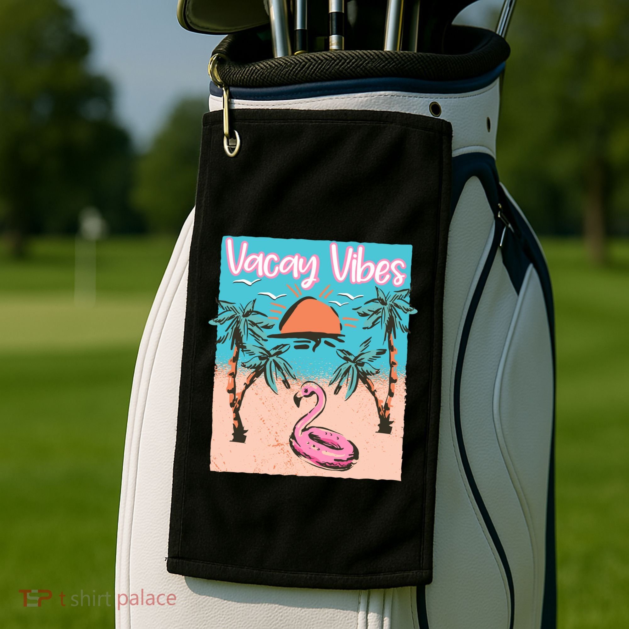 Vacay Vibes Beach Flamingo Summer Vacation Gift Golf Towel
