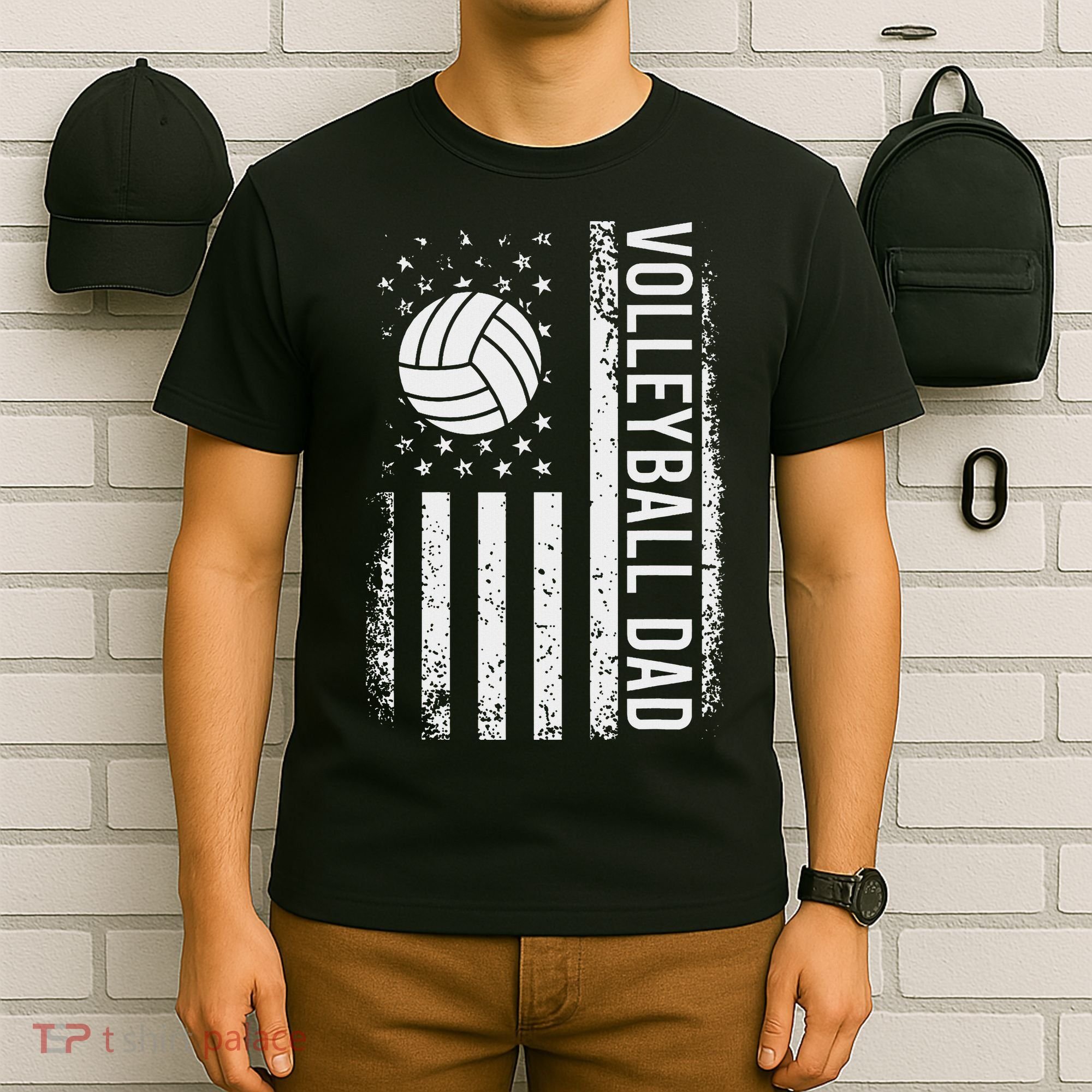 Vintage Volleyball Dad Usa Flag Retro Fathers Day Daddy Papa T-Shirt