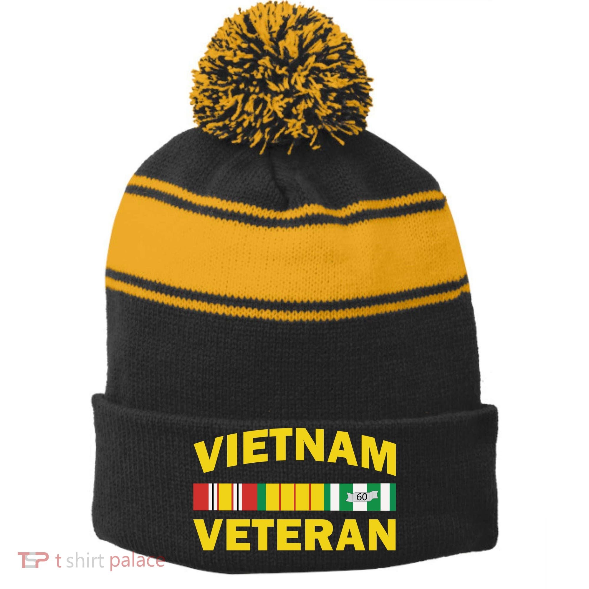 Vietnam Veteran Flag Logo Stripe Pom Pom Beanie