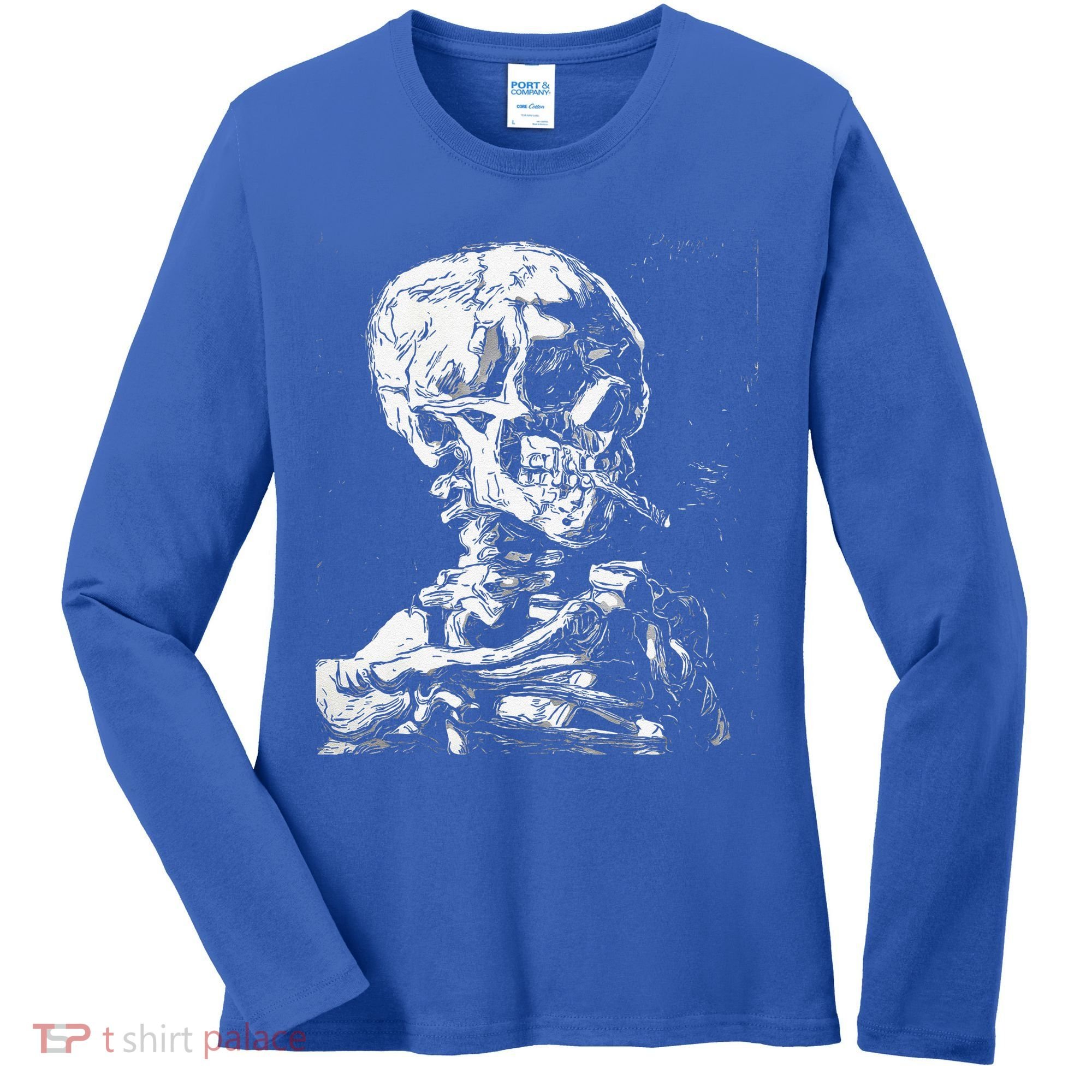 Vincent Van Gogh Skull With Cigarette Skeleton Halloween Women's Long Sleeve Shirt
