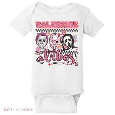Valentine Vibes Horror Characters Funny Scary Valentine's Day Baby Bodysuit