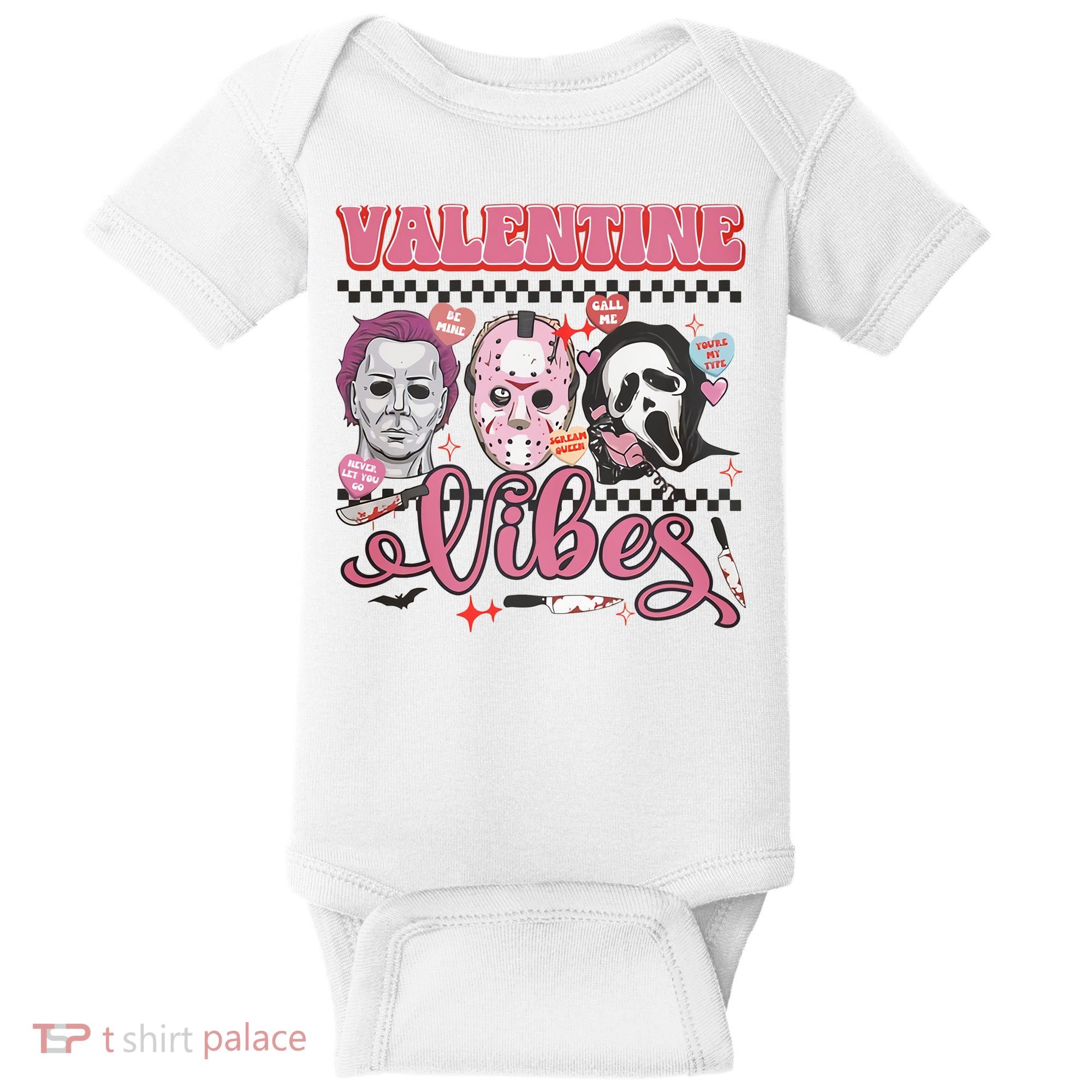 Valentine Vibes Horror Characters Funny Scary Valentine's Day Baby Bodysuit
