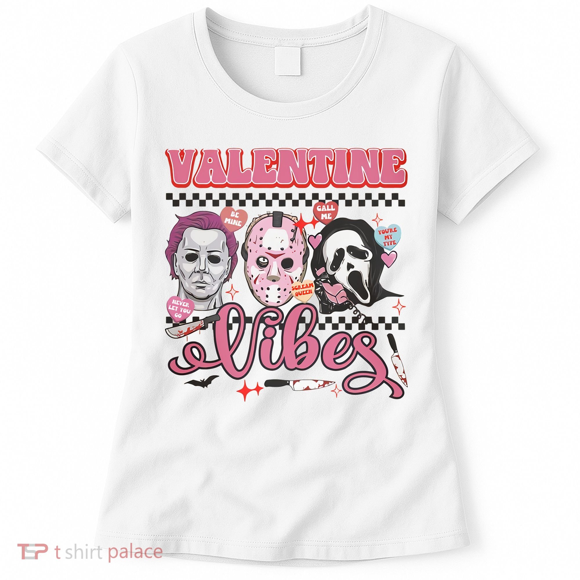 Valentine Vibes Horror Characters Funny Scary Valentine's Day Women's T-Shirt