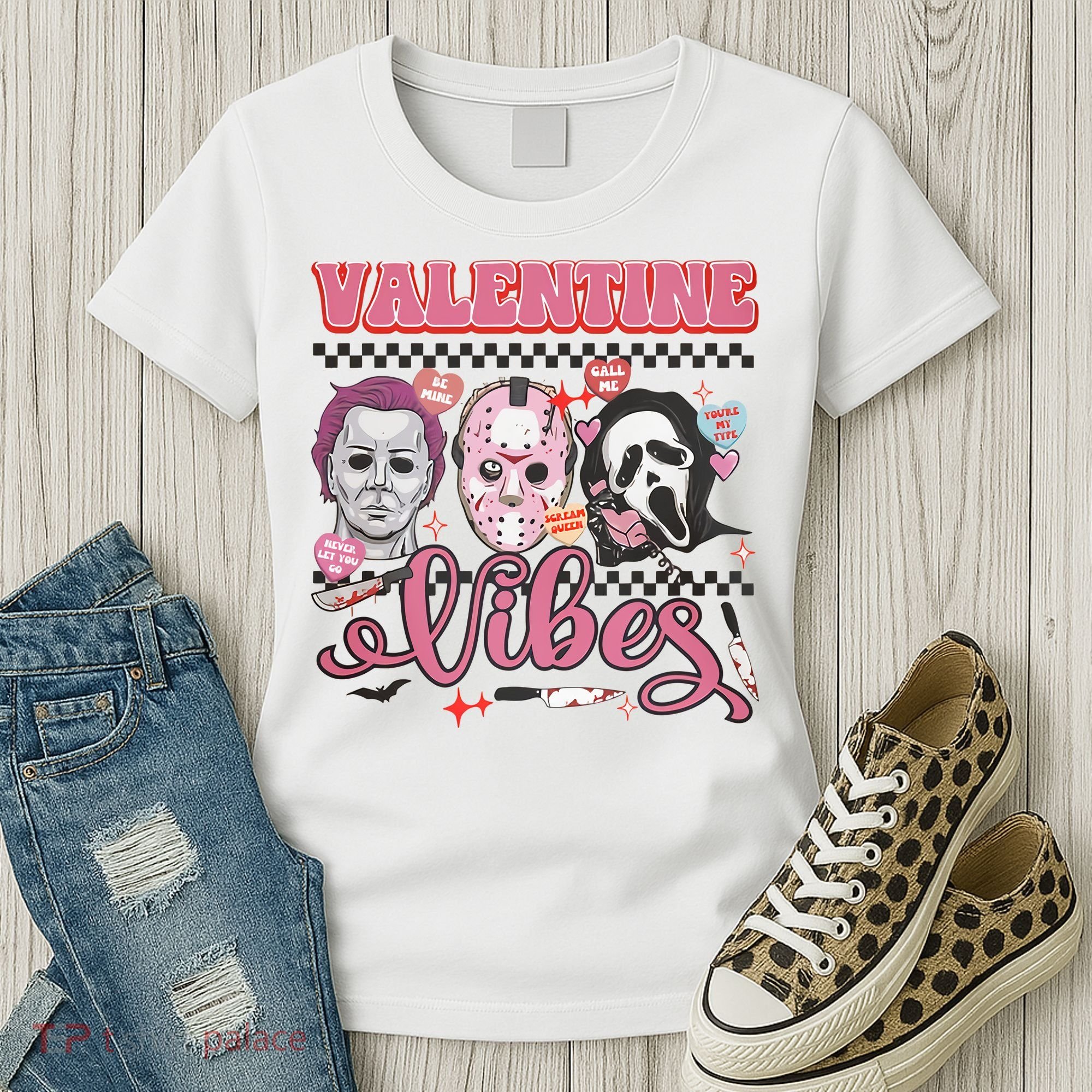 Valentine Vibes Horror Characters Funny Scary Valentine's Day Women's T-Shirt