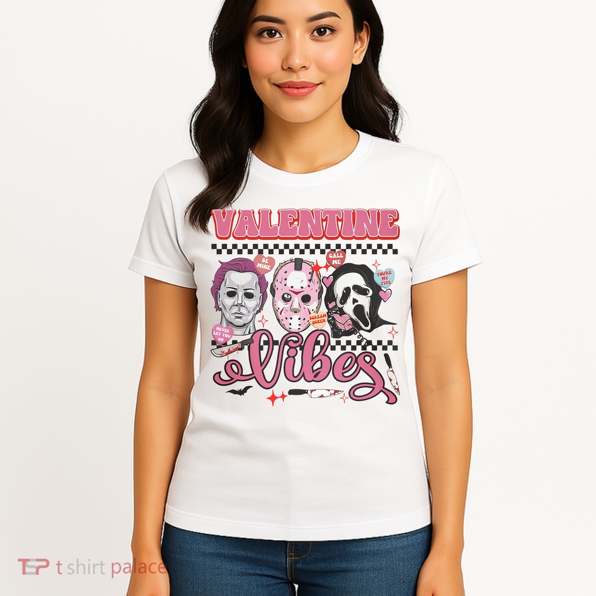 Valentine Vibes Horror Characters Funny Scary Valentine's Day Women's T-Shirt