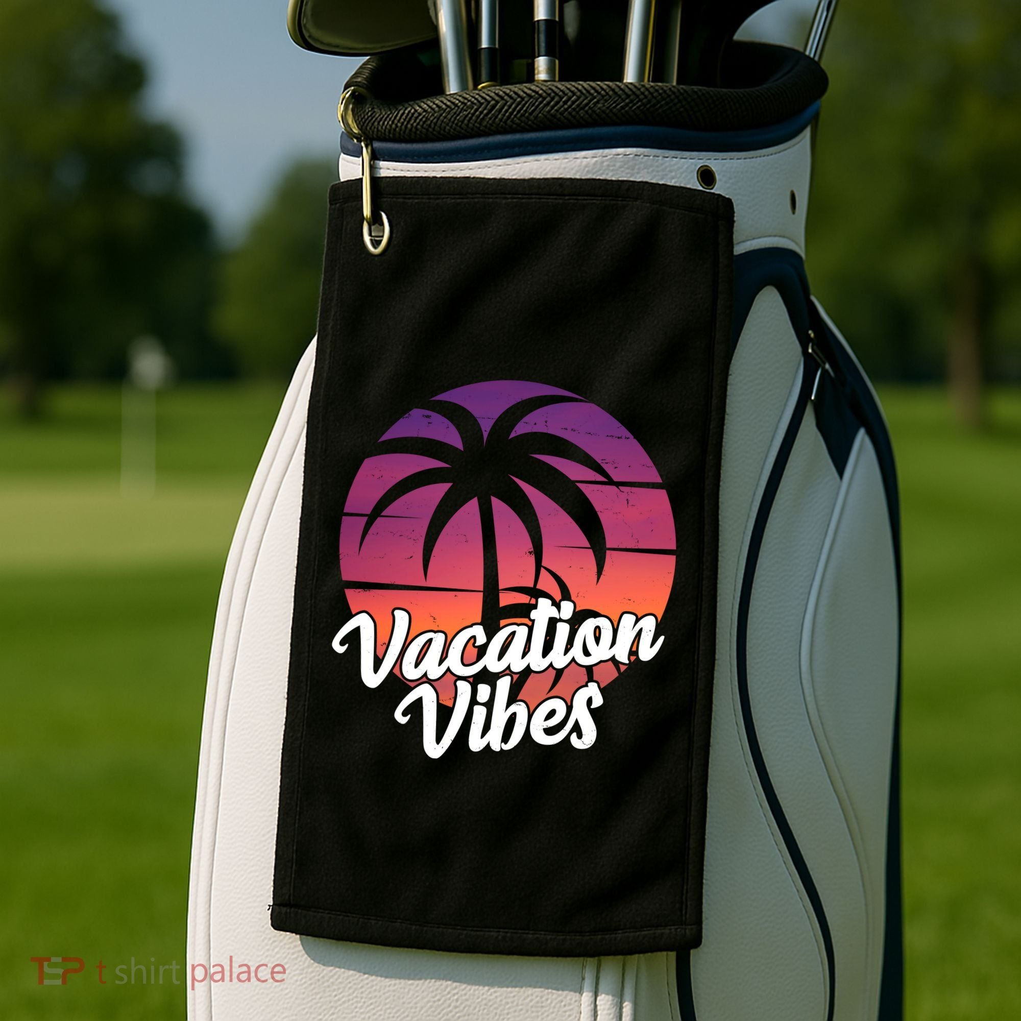 Vacation Vibes Tropical Retro Sunset Golf Towel
