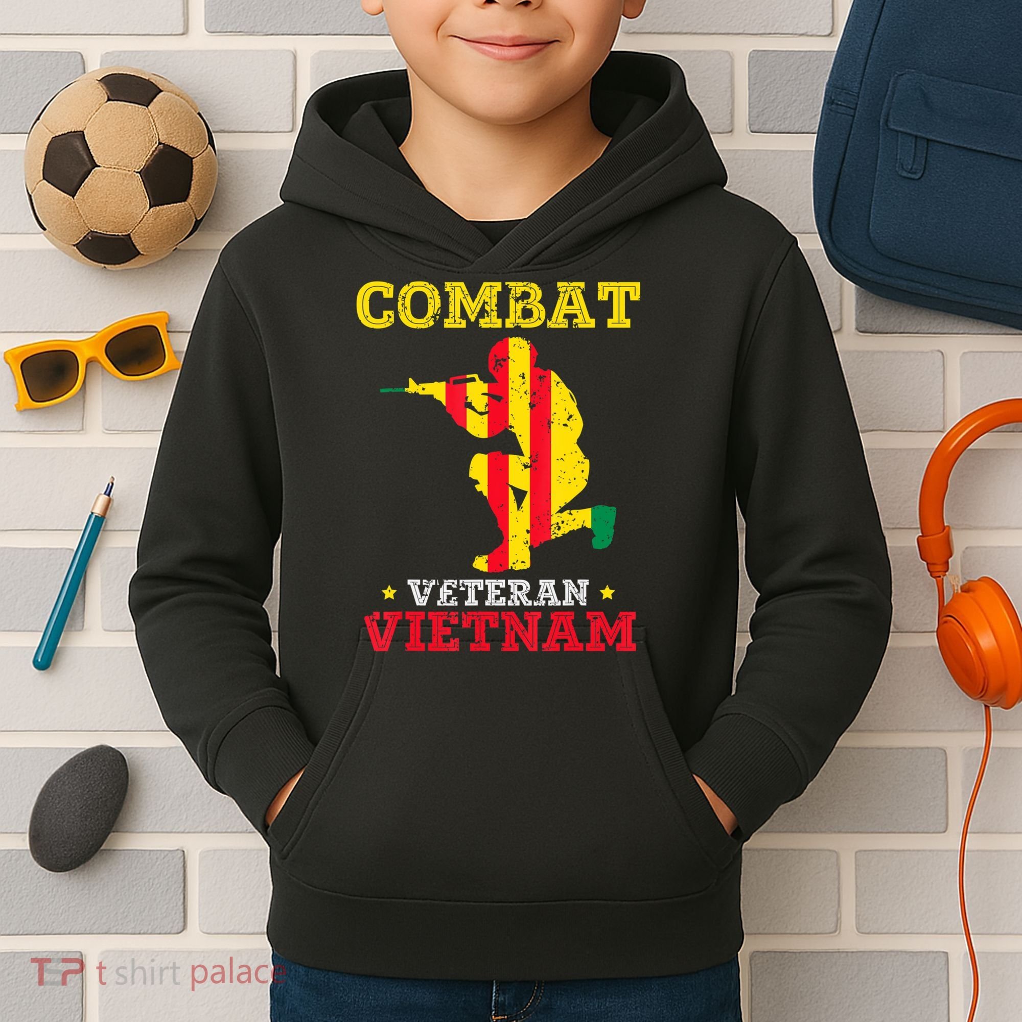Vietnam Veteran With US Flag With Combat Boots Patriotic Kids Hoodie