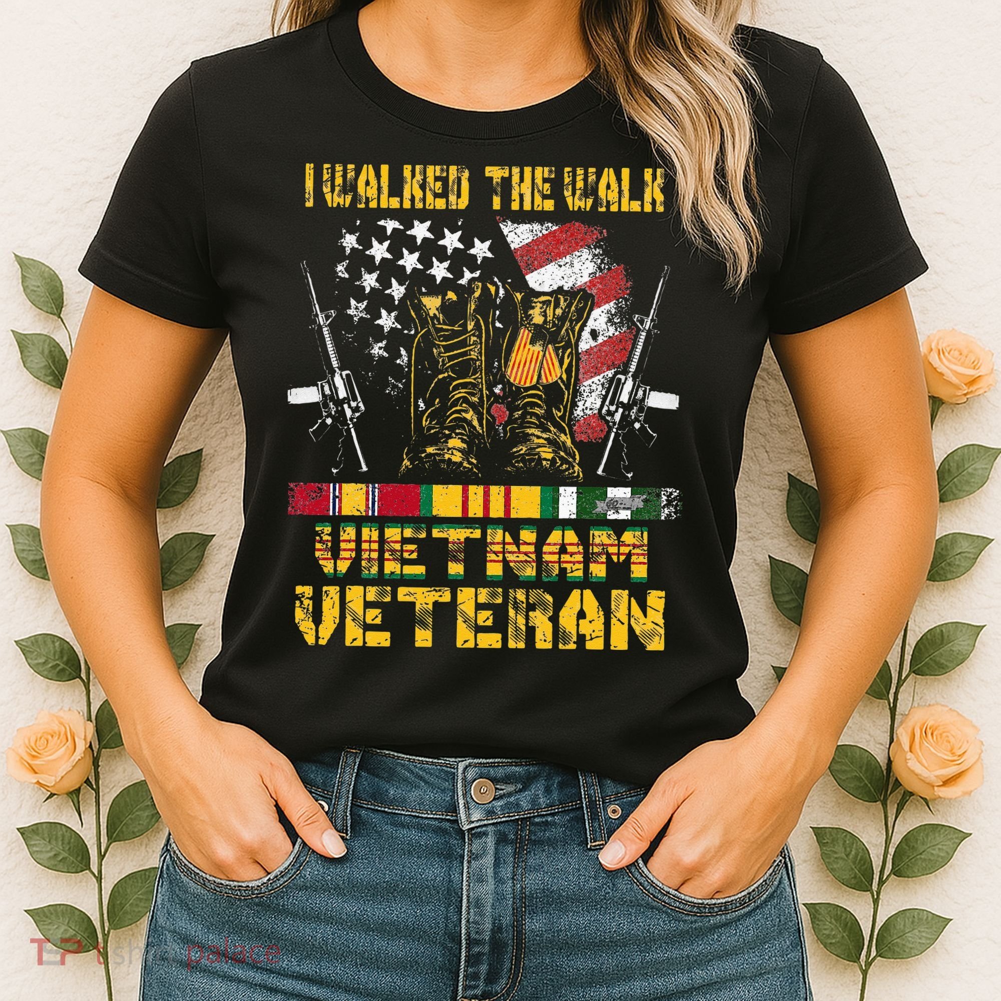 Vietnam Veteran With US Flag With Combat Boots Patriotic Women's T-Shirt