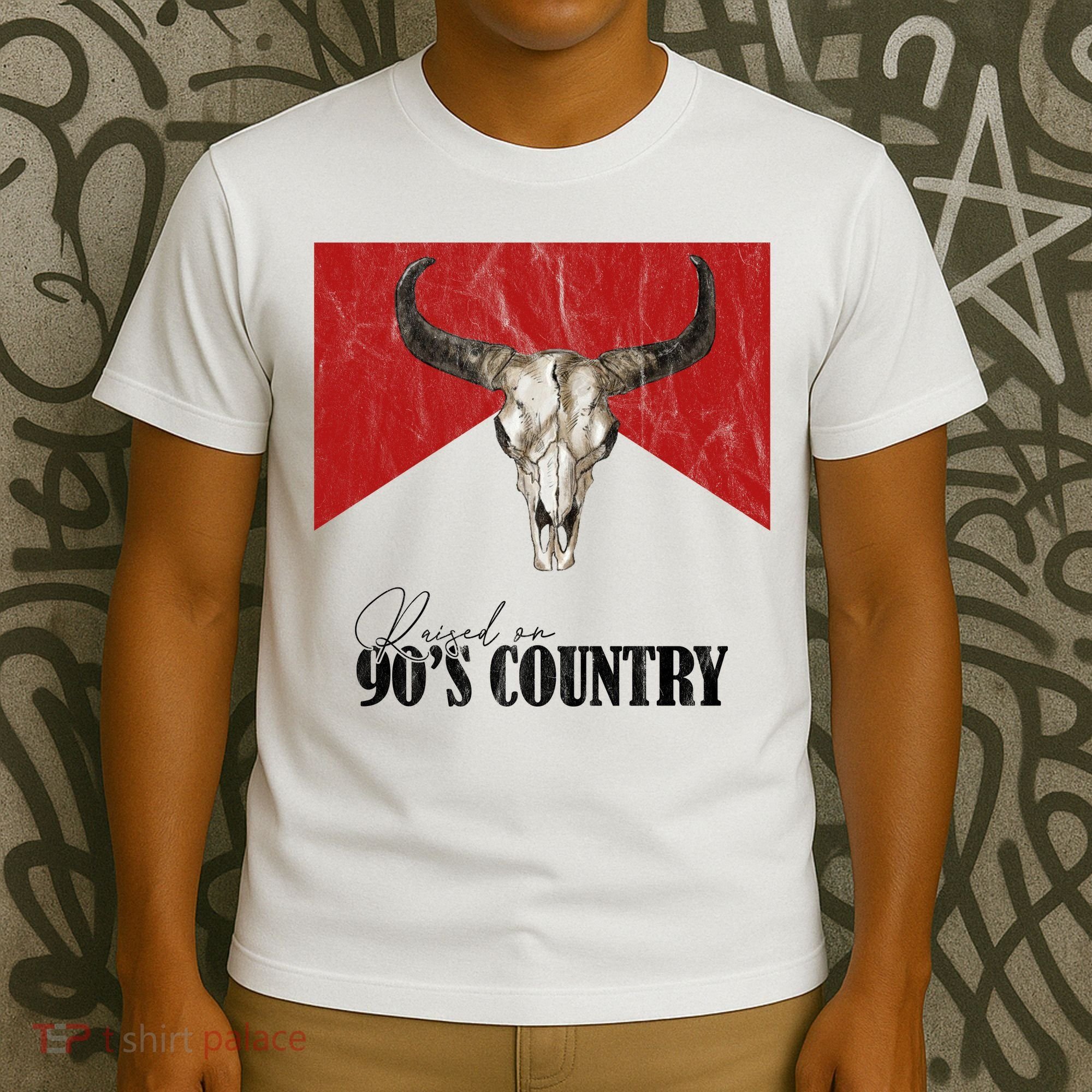 Vintage Western Bull Skull Raised On 90s Country Music T-Shirt