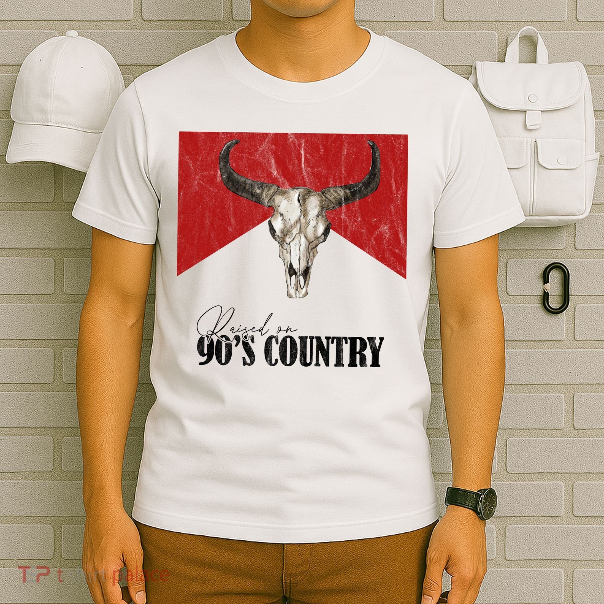 Vintage Western Bull Skull Raised On 90s Country Music T-Shirt