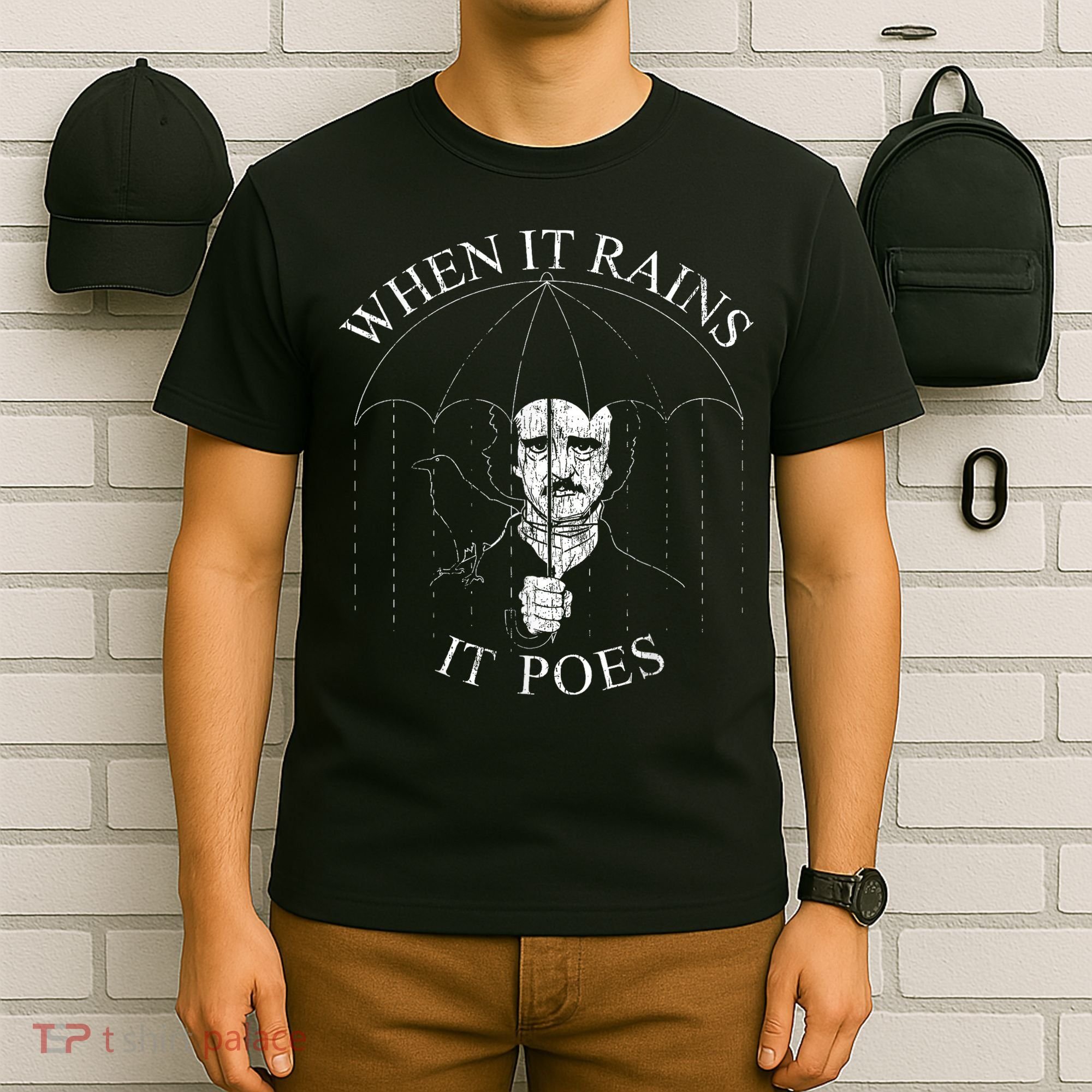 Vintage When It Rains It Poes Funny Edgar Allan Poe T-Shirt