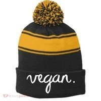 VEGAN Writing Statement Present Simple Eco Men Women Stripe Pom Pom Beanie thumb 0