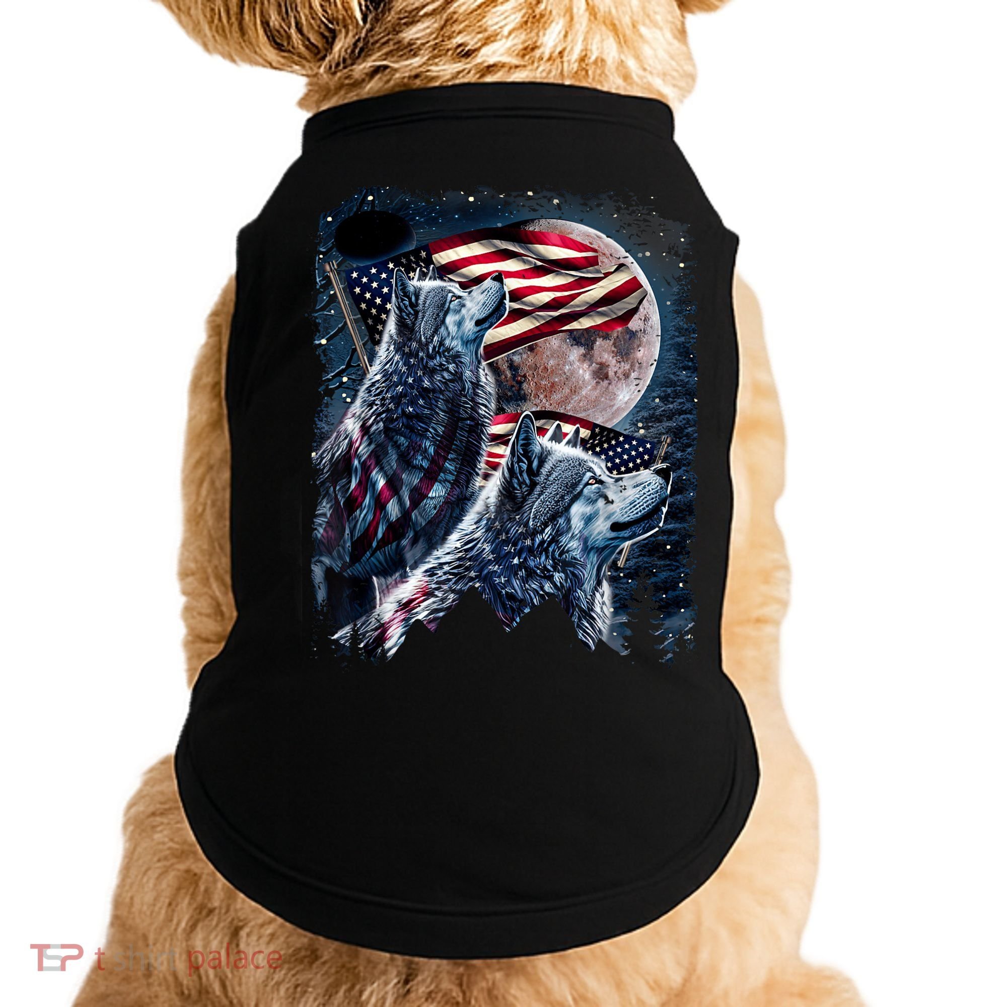 Wolf 4th Of July American Flag Howling Wolves Under Moon Doggie Tank