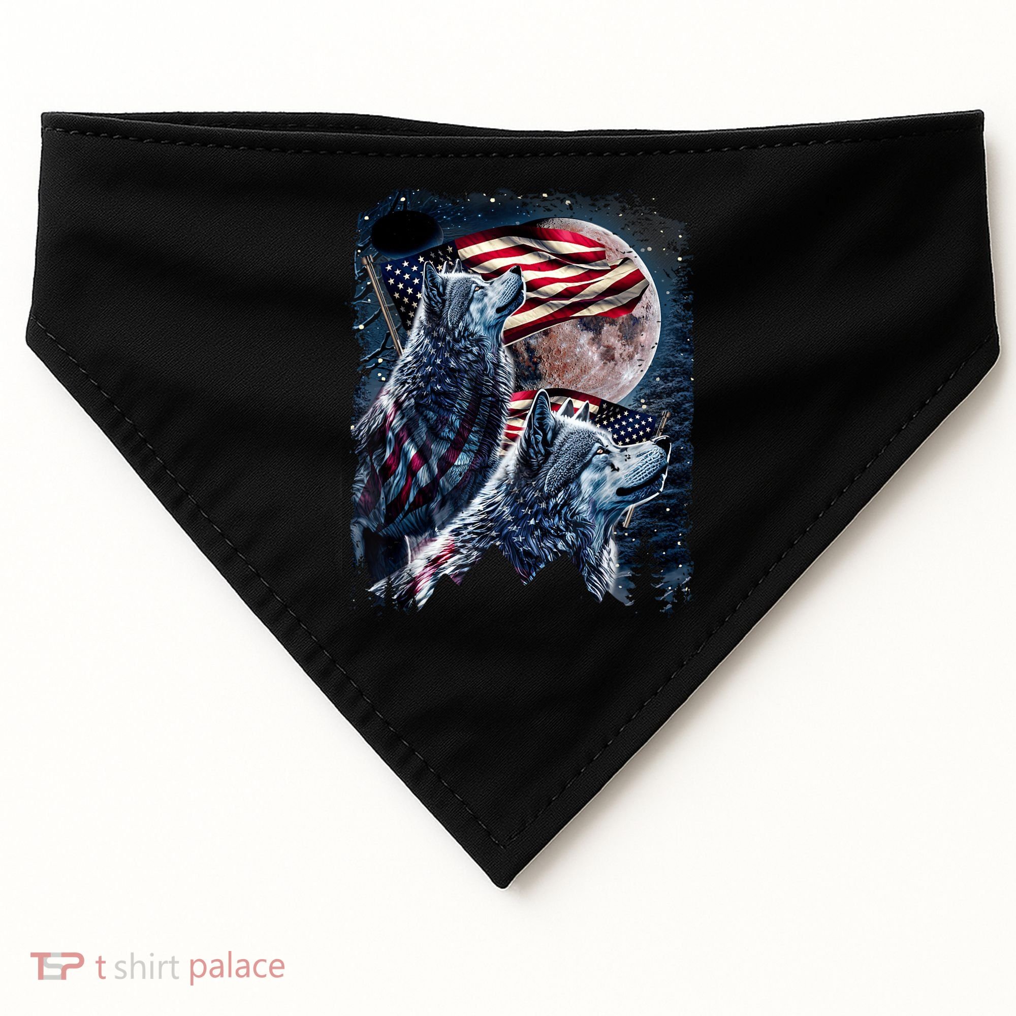 Wolf 4th Of July American Flag Howling Wolves Under Moon USA-Made Doggie Bandana
