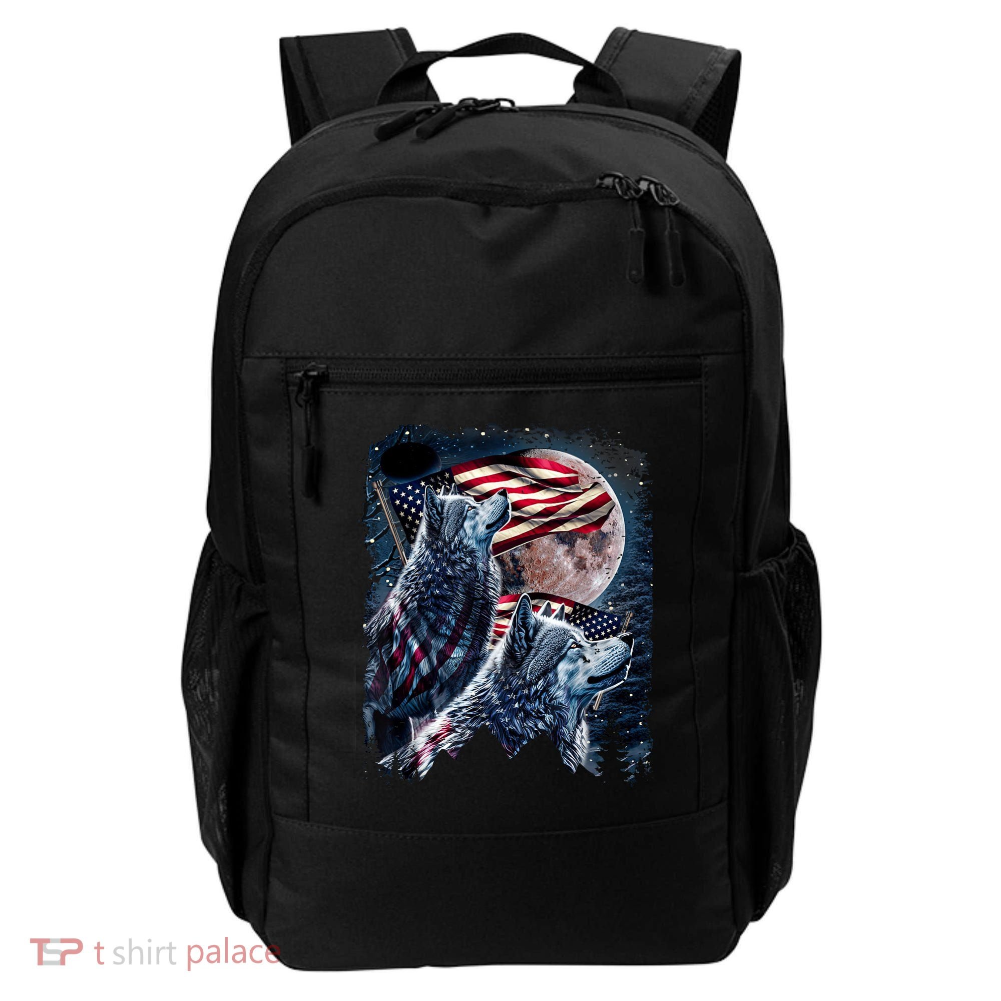 Wolf 4th Of July American Flag Howling Wolves Under Moon Backpack