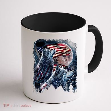 Wolf 4th Of July American Flag Howling Wolves Under Moon Coffee Mug back