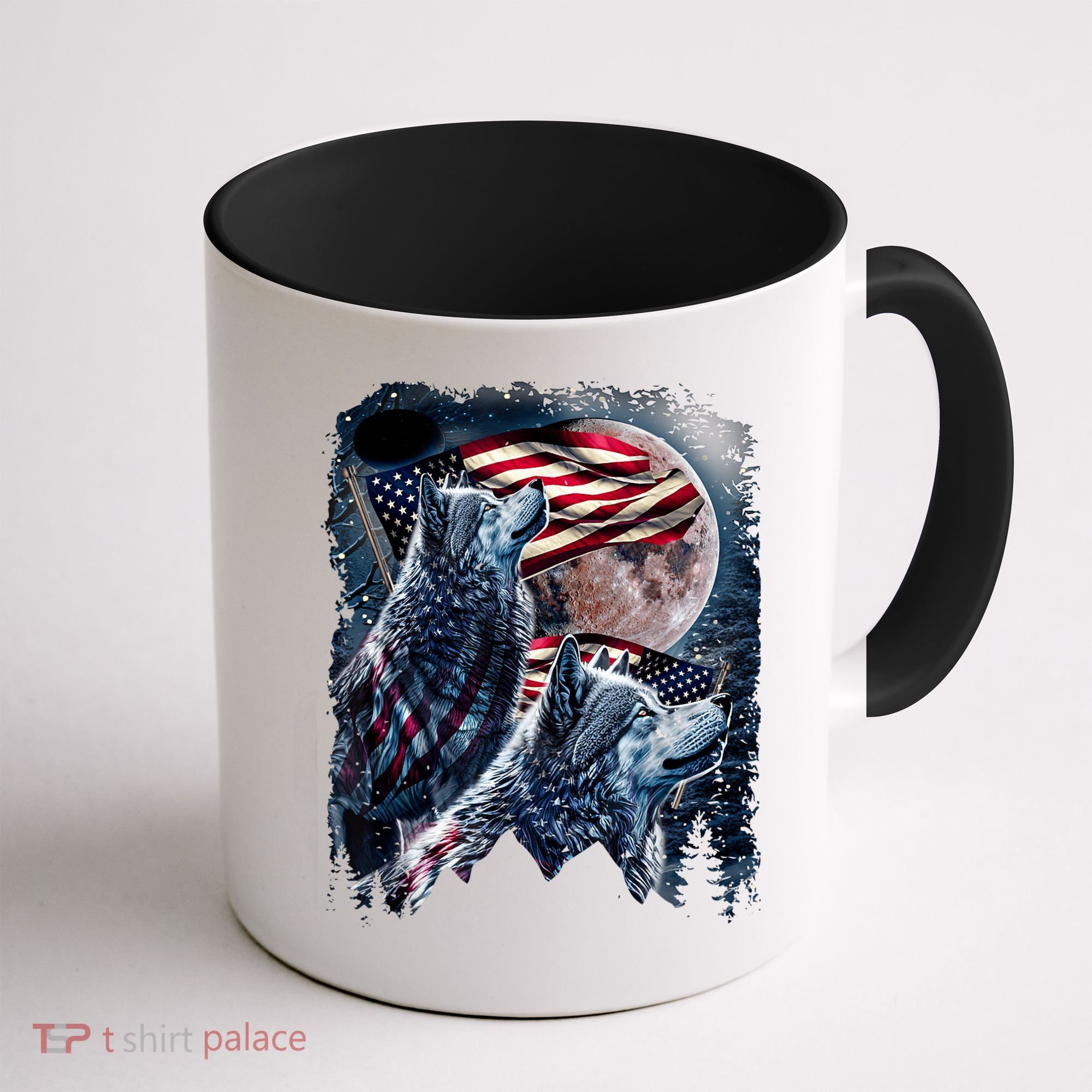 Wolf 4th Of July American Flag Howling Wolves Under Moon Coffee Mug